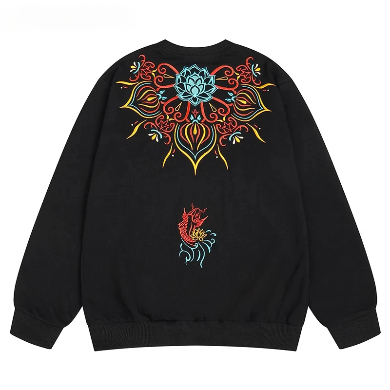 Vintage Black Sweatshirt Pullover 2025 Harajuku Sweat Shirt Hipster Men Streetwear Hip Hop Lotus Carp Embroidery Hoodies