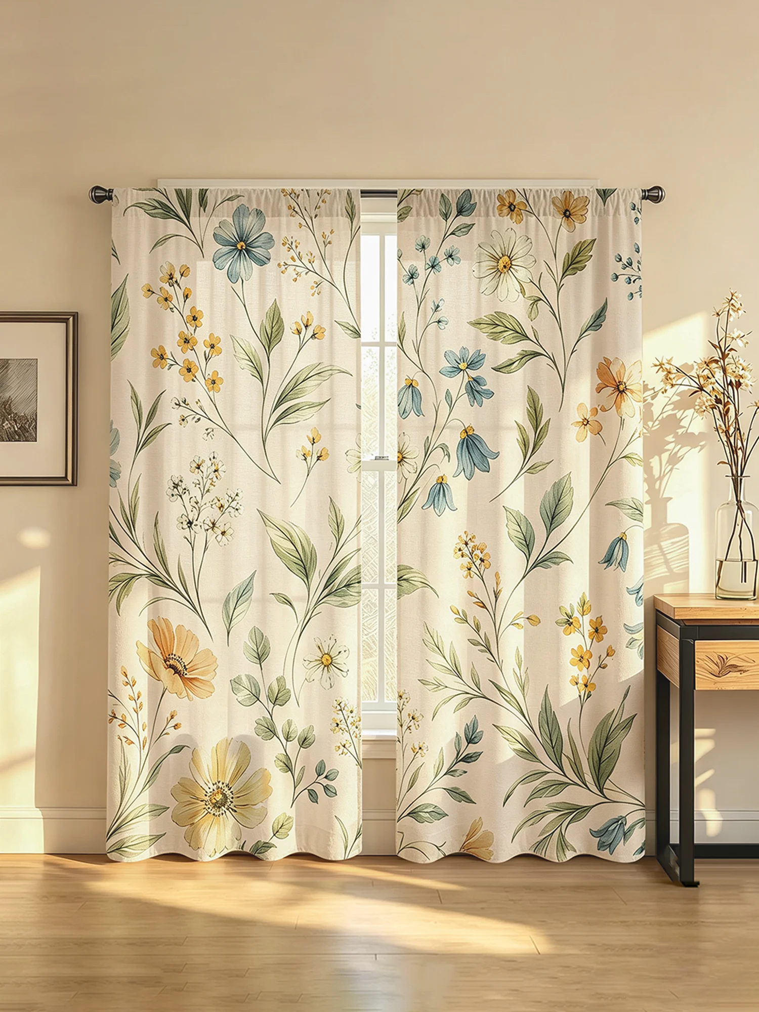 Blackout Curtain Nursery - 2PCS Watercolor Wildflower Print Curtains, Blue