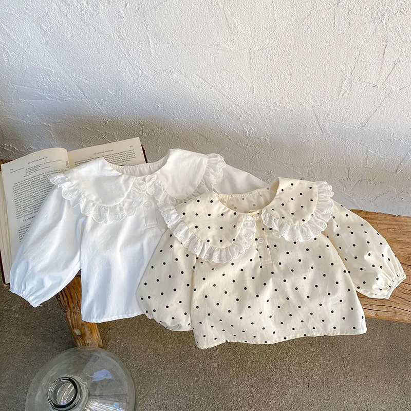 2024 New Spring Korean Style Infant Baby Girl T-shirt Long Sleeved Cotton Dots Printing Shirt Newborn Baby Girls Pullover Tops