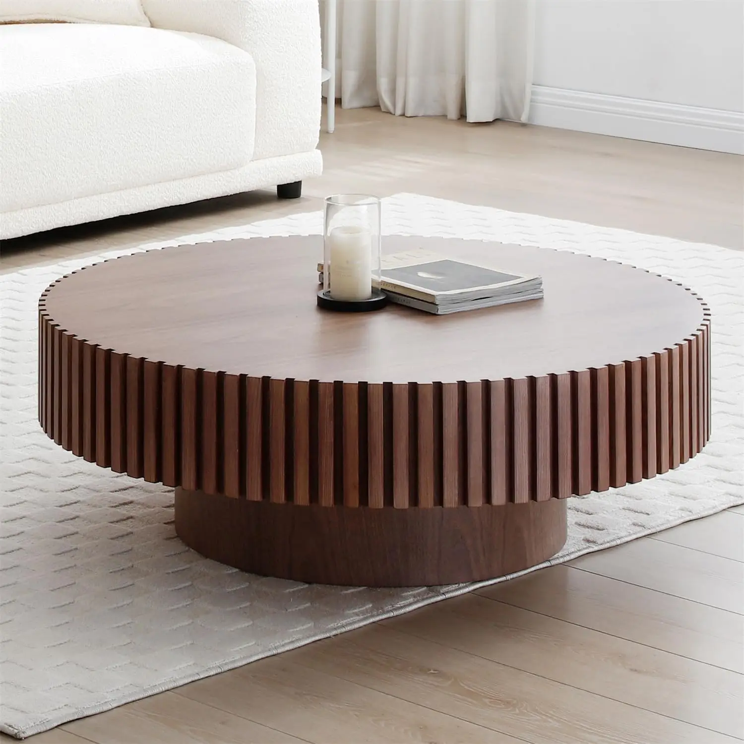 31.49'' Walnut Coffee Table Round Wood Modern Solid Wood Veneer Handcrafted Relief Tea Table with Sturdy Pedestal for Apartment