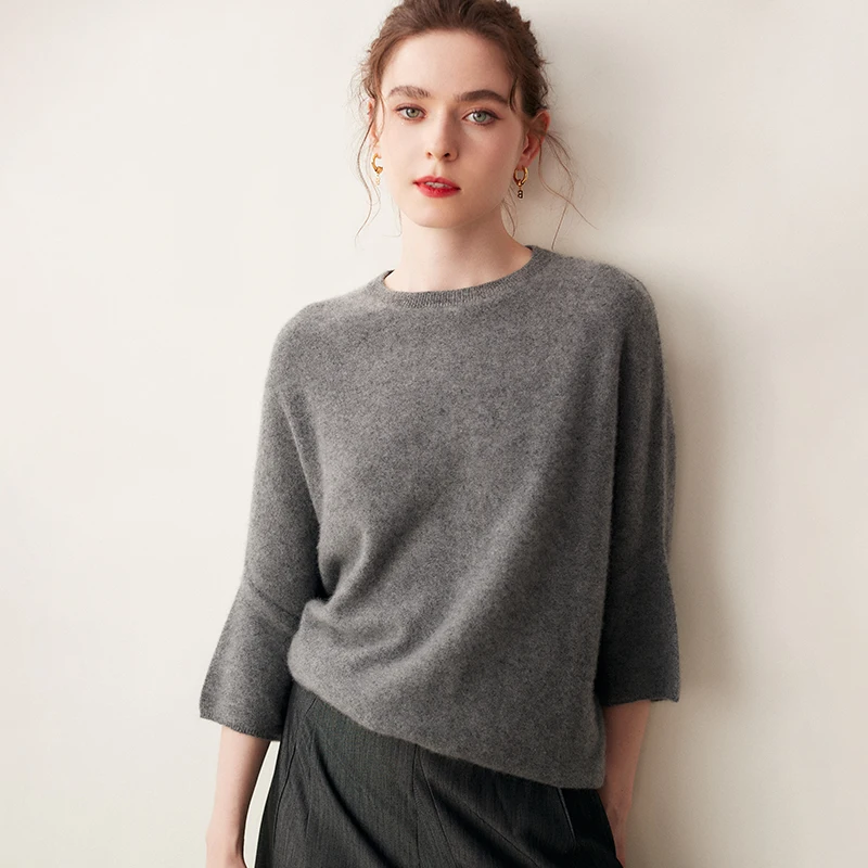 

MEETCC Women 100% Cashmere Sweater Autumn Winter O Neck Batwing Three Quaters Sleeve Loose Pullover Soft Elegant Knitted Tops