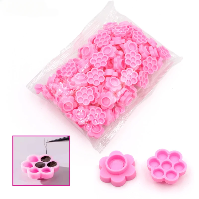 100pcs Eyelash Extension Pink Flower Glue Delay Cup Tattoo Adhesive Pigment Holders Grafting Eye lashes Holding Trays Tools