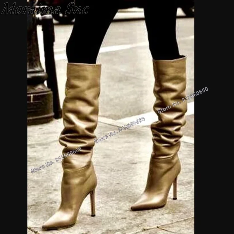 

Moraima Snc Solid Pointed Toe Matte Leather Boots for Women Knee High Boots Stilettos High Heels Fashion Runway Shoes on Heels