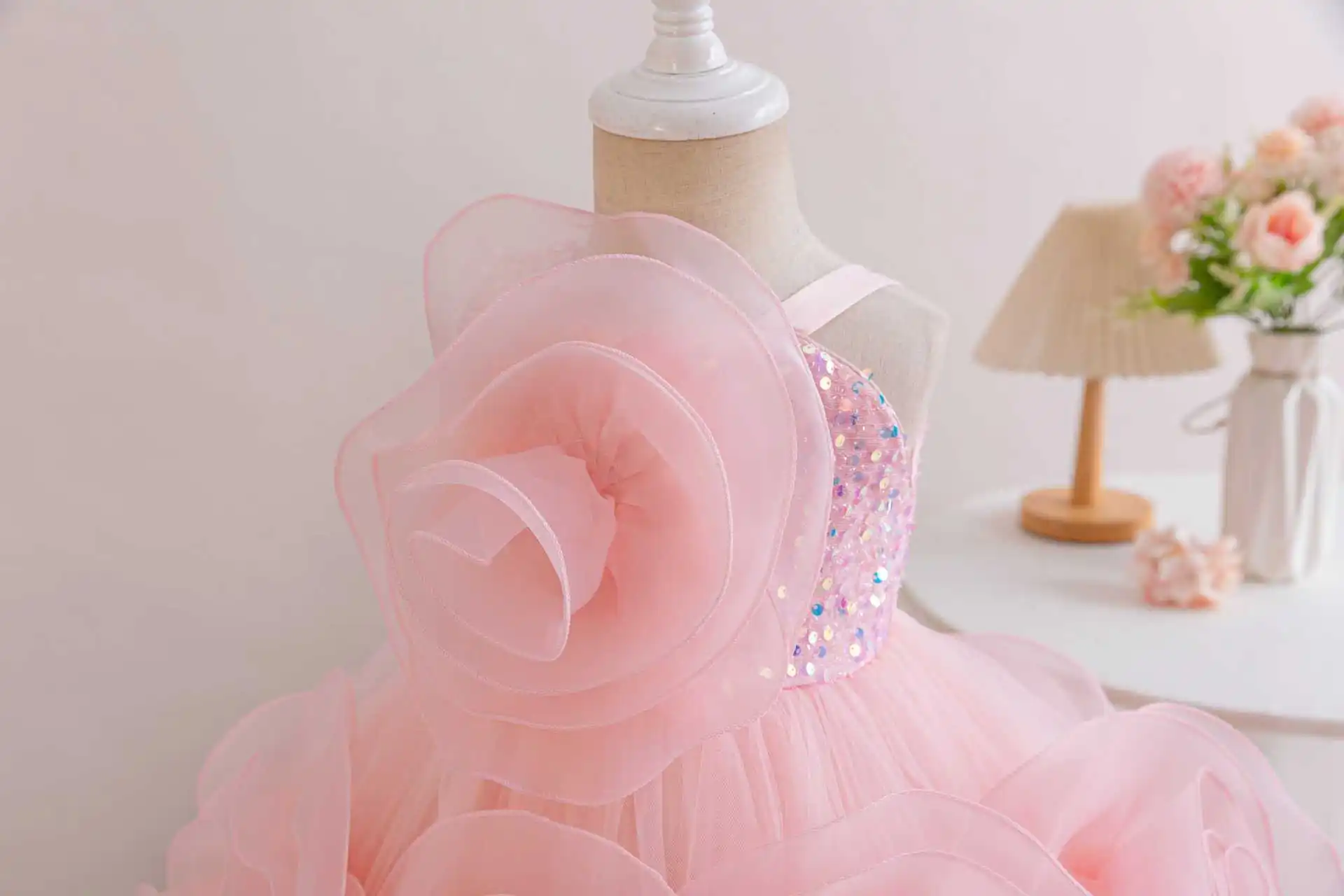 HETISO Dress for Baby Girl Pink Wedding Toddler Dress Super Lace Flower Princess Girls Formal Graduation Costume 1-6 Years