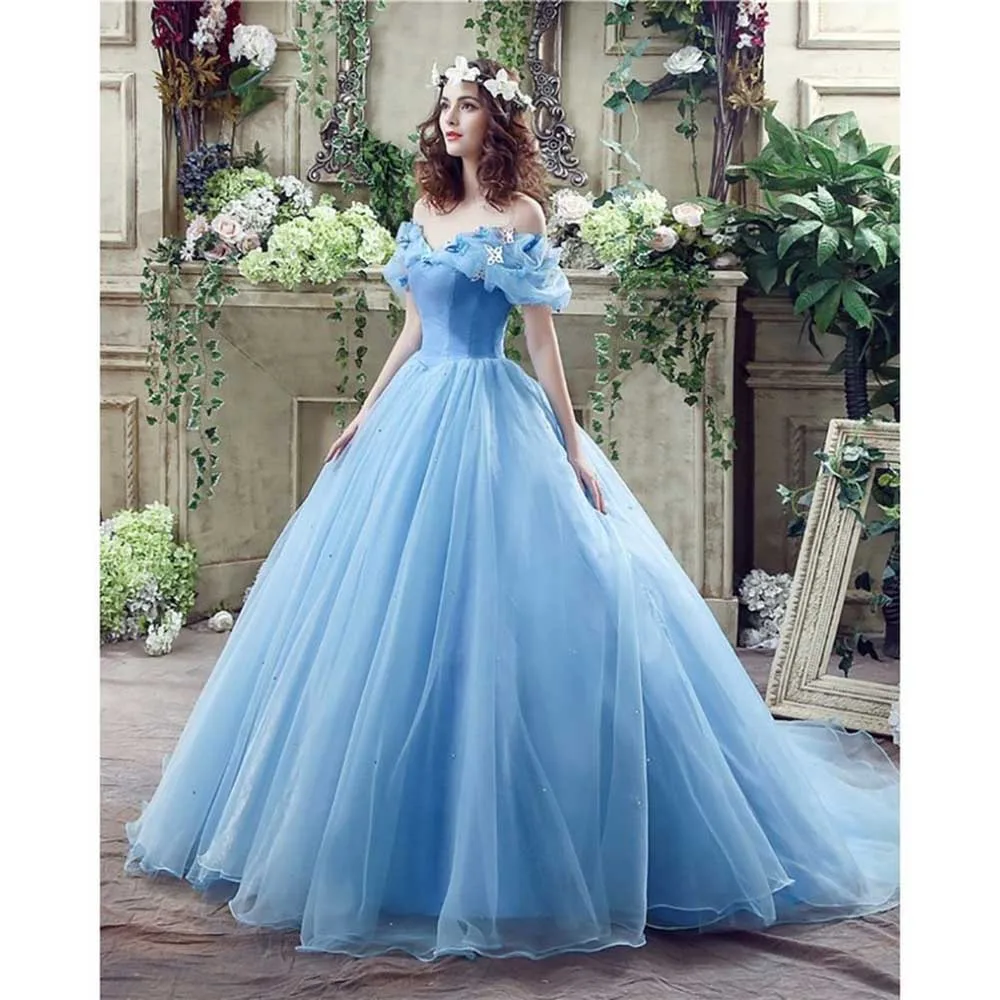 Exquisito de lujo 15 vestidos azules de quinceañera con hombros descubiertos hasta el suelo corte en A princesa de gama alta vestidos de fiesta para mujeres jóvenes