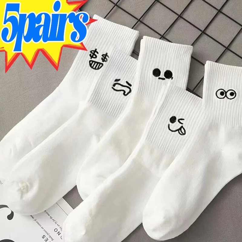 Cute Emotional Expressions Women\'s Warm Socks White Kawaii Stocking Embroidered Mid Length Socks Pattern Cotton Lady Sports Sox