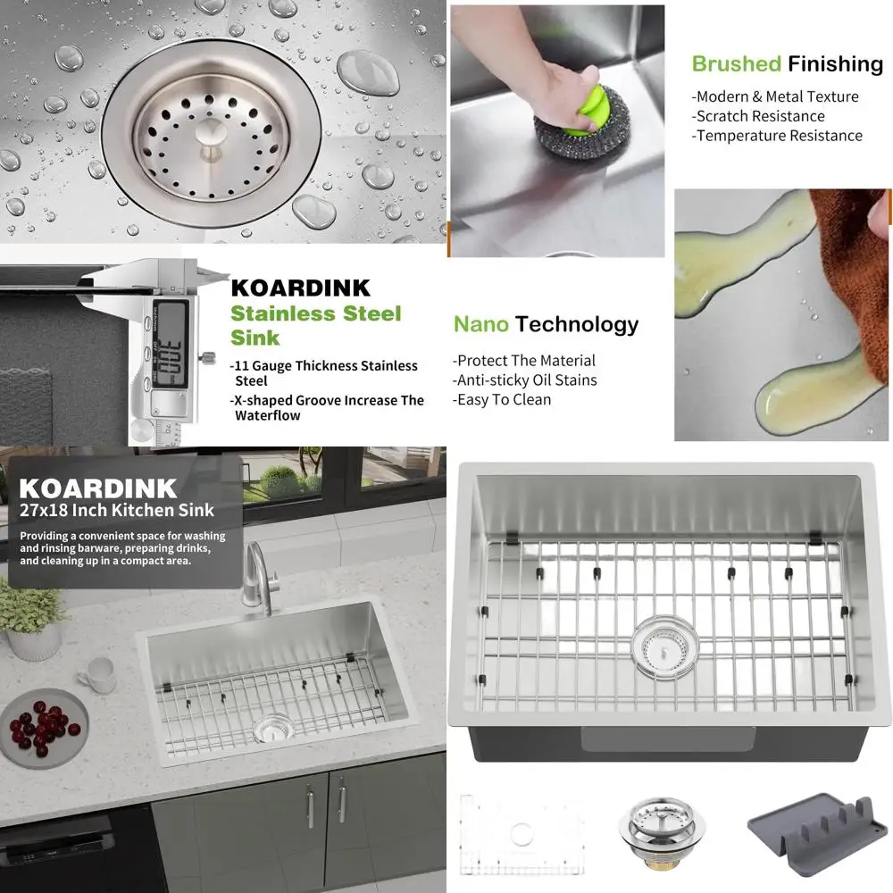 

Undermount Single Bowl Kitchen Sink, 27x18, Stainless Steel with Grid, Spoon Rest, and Drain Strainer