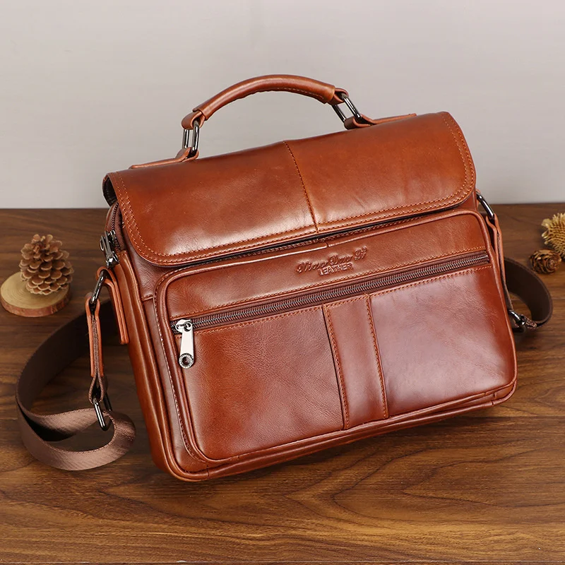 Vintage Echt Lederen Aktetas Voor Mannen Koe Lederen Mannelijke Schouder Messenger Tas Grote Capaciteit Luxe Man Bestand Tas