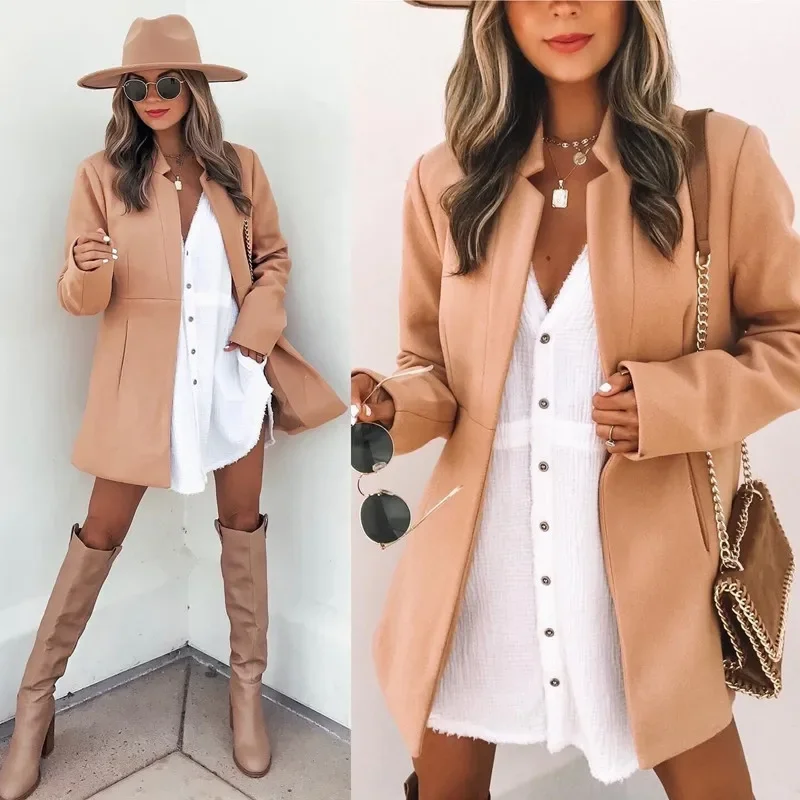 

2024 Fashion Long Woolen Coat Women Pure Color Slim Fit Long Sleeve Chic Pocketed Coat Winter Jacket Stand Collar