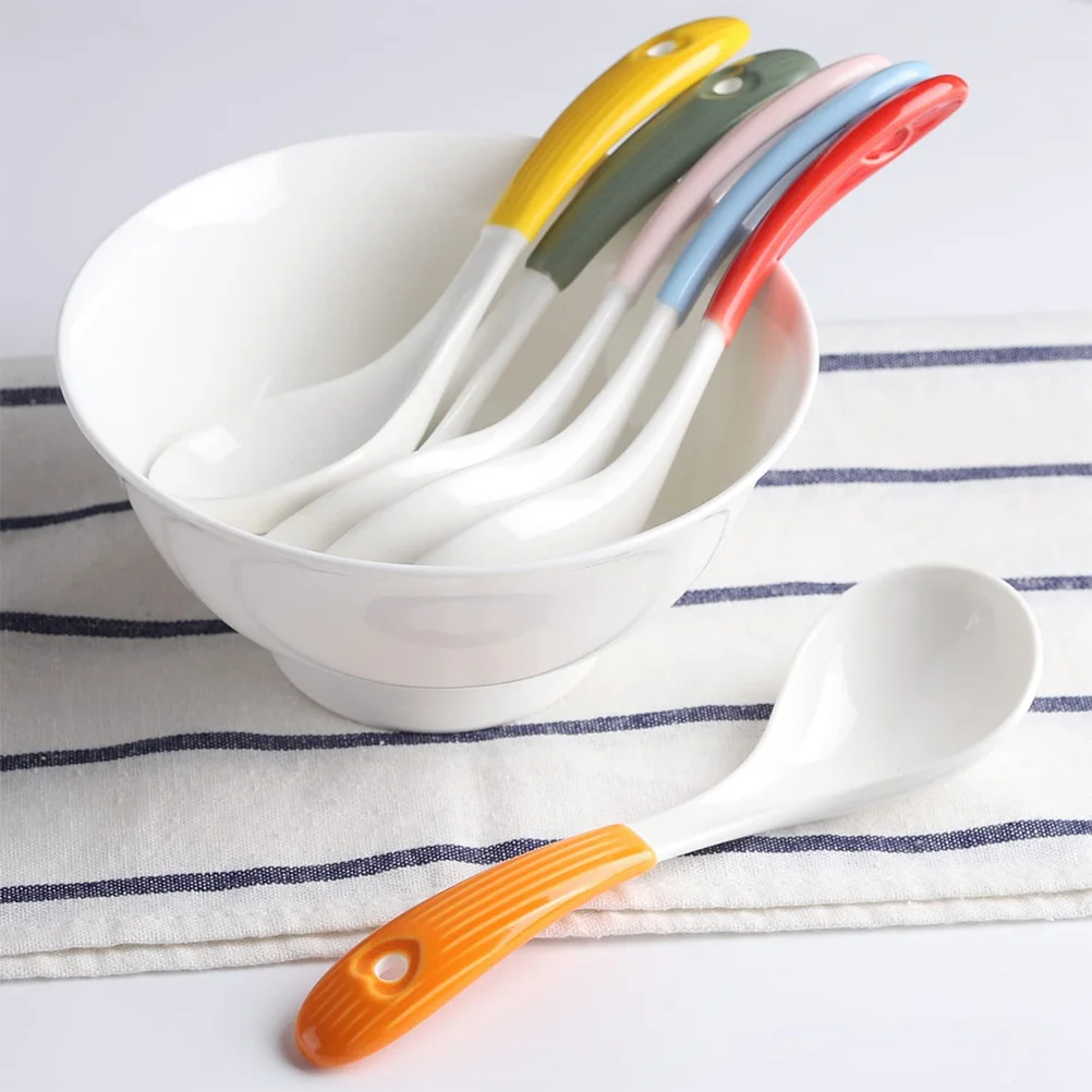 

6Pcs Ceramic Soup Spoon Set Small Handles Kitchen Tableware for Home Restaurant Hotel Use Ceramic Spoon