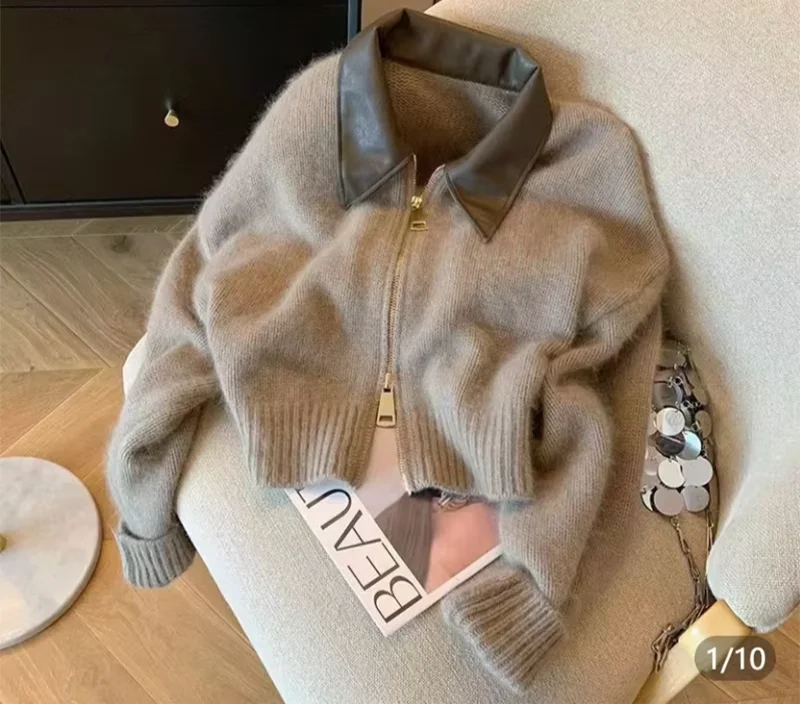 Elevated Leather Collar Splice Knitted Open Cardigan Double Zipper Lazy Fashion Sweater For Women