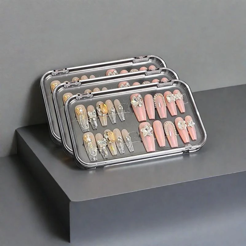 Rechteckige, transparente Kunststoff-Schmuckschatulle, Aufbewahrungsbox für Press-On-Nägel mit Deckel, Display-Organizer für künstliche Nägel, Salon-Organizer-Behälter – Detail 7