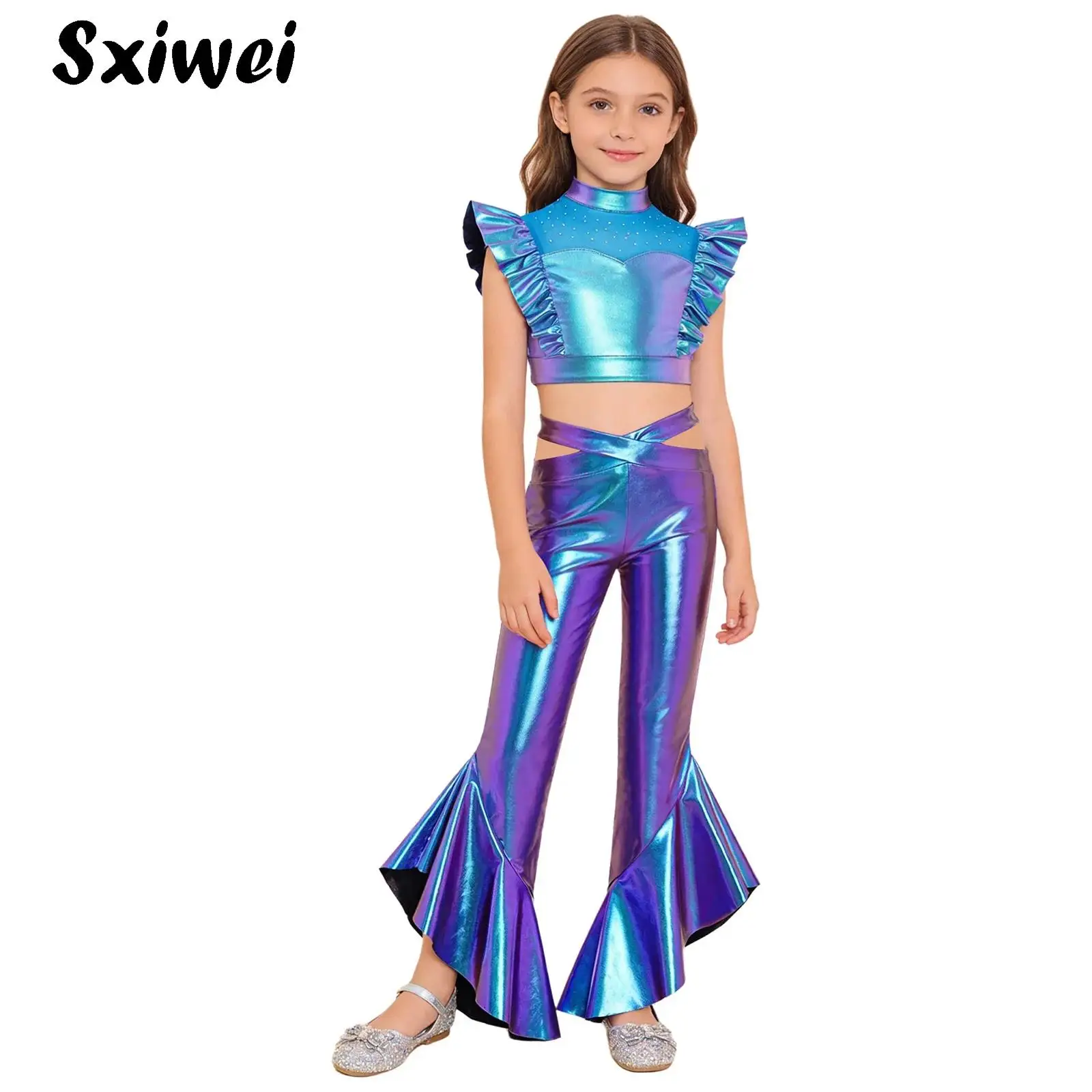 

Детский блестящий костюм для девочек в стиле диско 70-х, хиппи, для джазовых танцев: сетчатый топ с стразами и металлическим эффектом и расклешенные брюки, комплект для выступлений