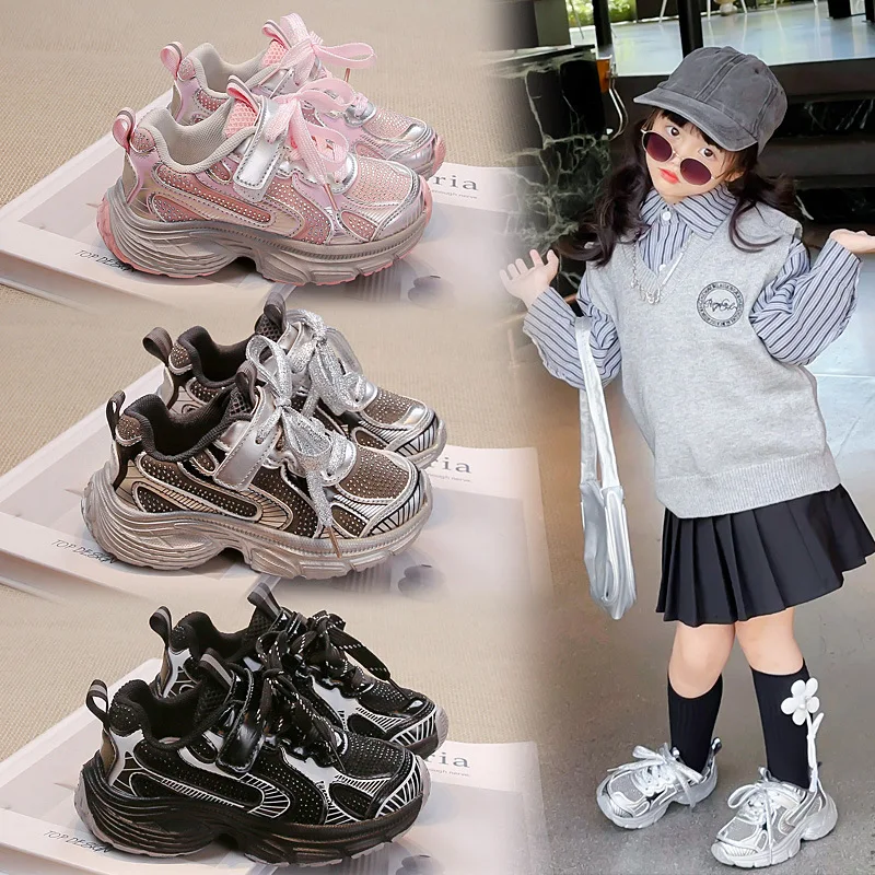 

Student Casual Sneakers with Sparkling Crystal Girls Princess Running Shoes Thick Soft Sole 2024 New Kids Sports Shoes Hook&loop