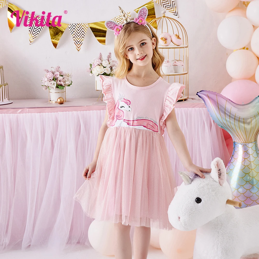 VIKITA Girls Pink Dress Kids Licorne Print Flare Sleeve Summer Dresses Kids Birthday Party Vacation Casual Daily Princess Dress