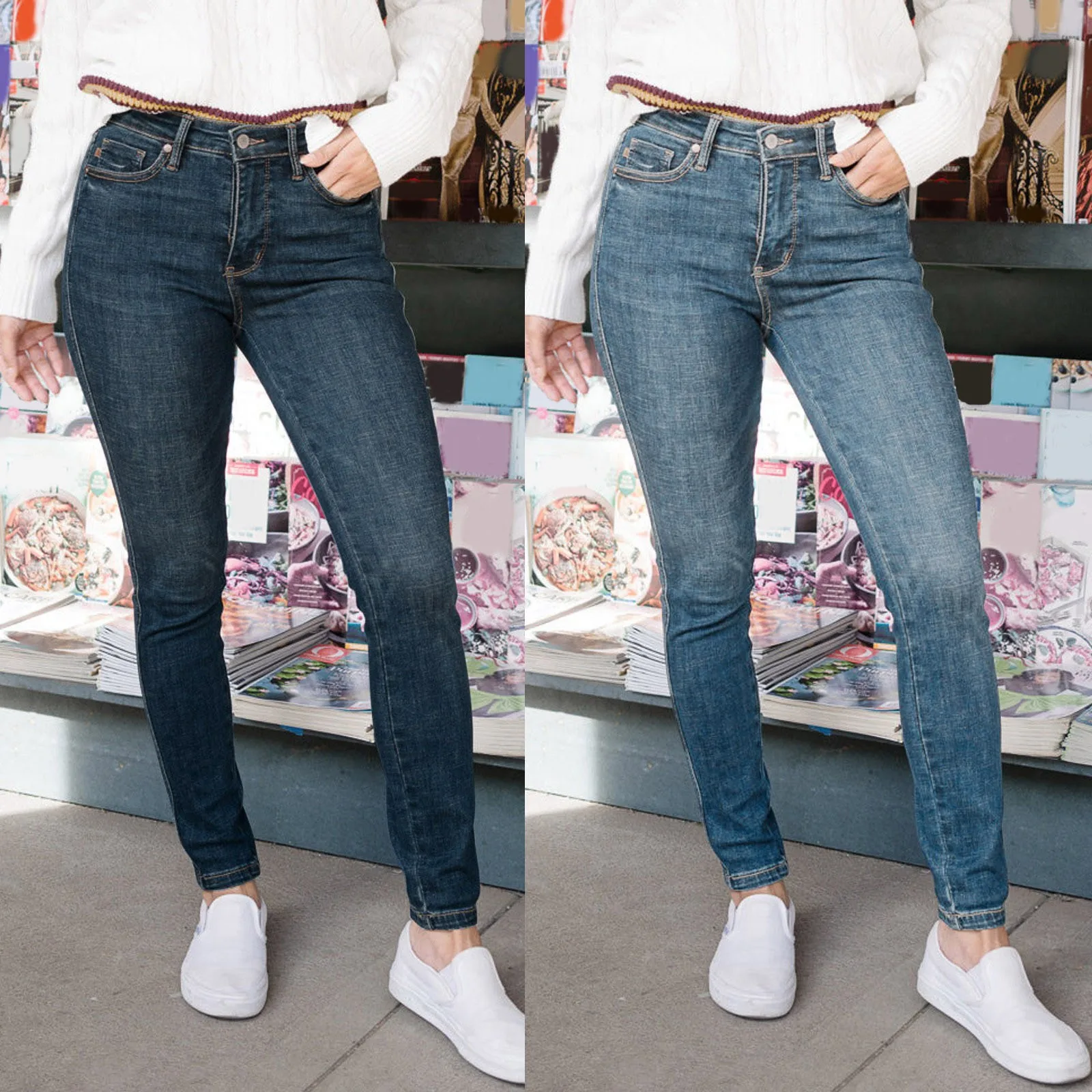 

Fashion Women Relaxed Fit In Vintage Wash Slim Straight Jeans Solid Color Fashion Slim Fit Jeans Comfortable Stretch Denim Pants