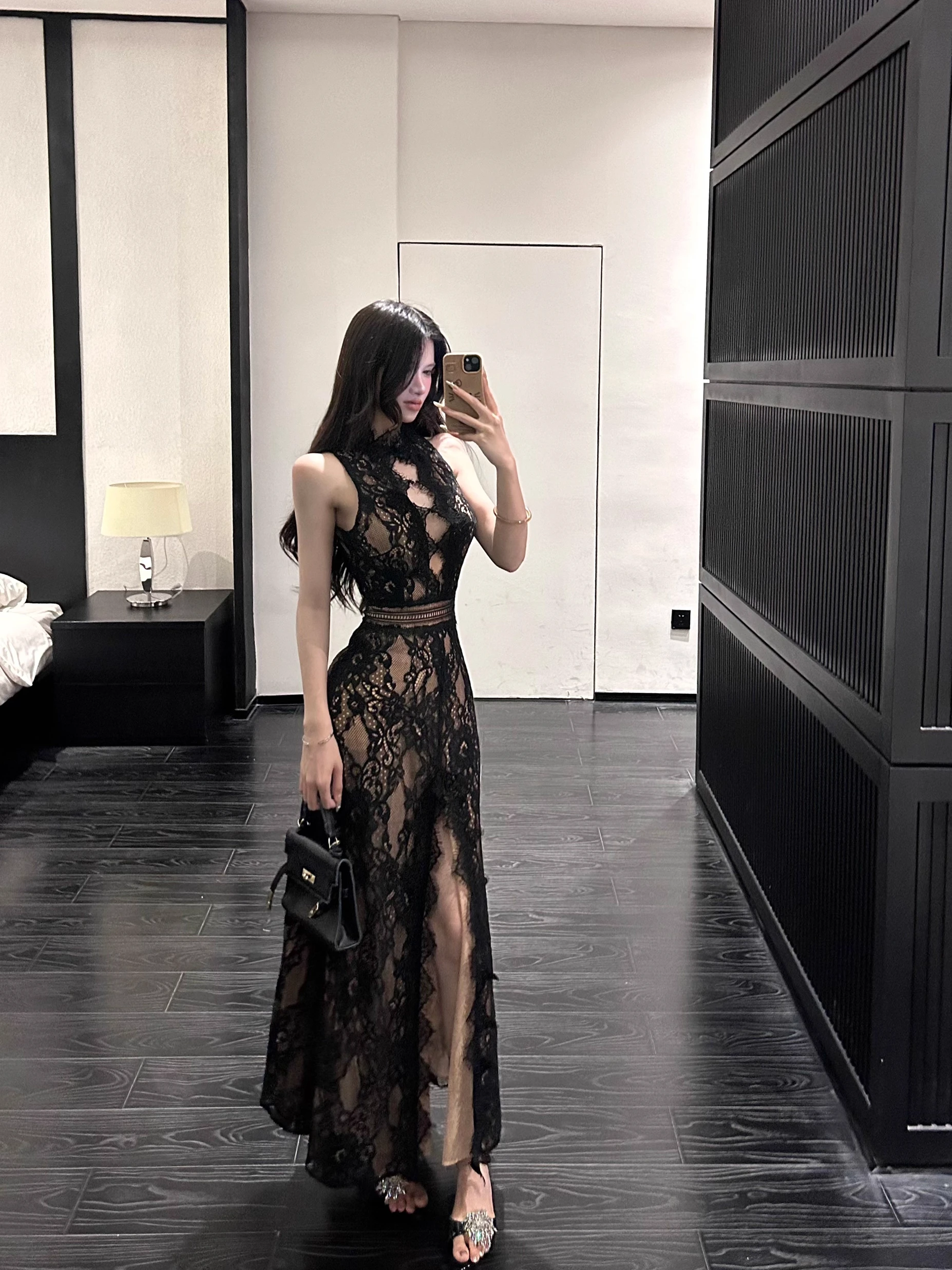 

Sexy Lace Hollow out Svel Long Dr Women's High Waist Bodycon Skirt Slip on Ci Walk Par Wear H pe Zipper Ba