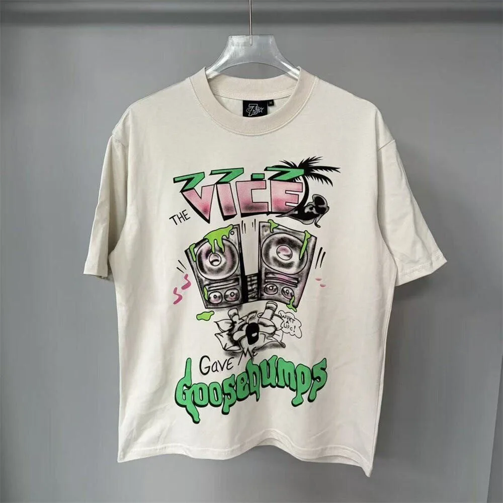 TRIPLE SEVENS Vintage Washed Antique Short-Sleeved T-Shirt - Men's and Women's Cartoon Printed Round Collar Casual Shirt