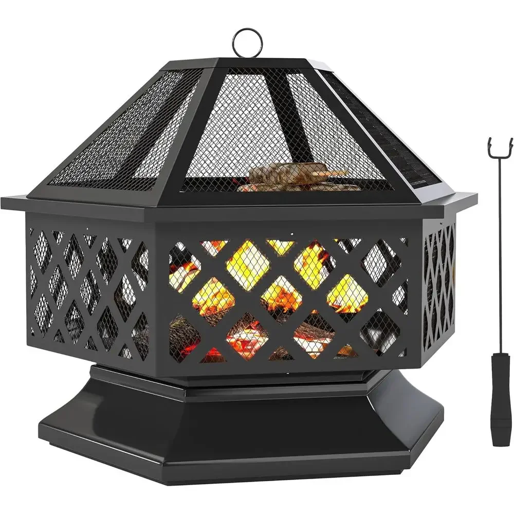 Portable Outdoor Wood-Fired Grill with Cooking Grate, Poker, Spark Screen, and Hexagonal Fire Pit for Backyard, Patio, Camping,