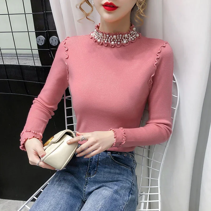 

Women's Sweater Turtleneck Beading Sweater 2024 New Fashion Autumn Winter Long Sleeve Korean Pullover Women Knitwear LJ285