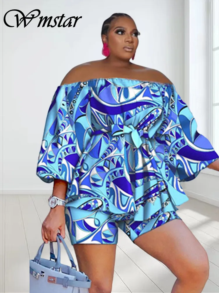 Wmstar plus size Two Piece Set Women Off Shoulder Printed Short Sets Top Pants Sweet Suit Summer Wholesale Dropshipping L-3XL