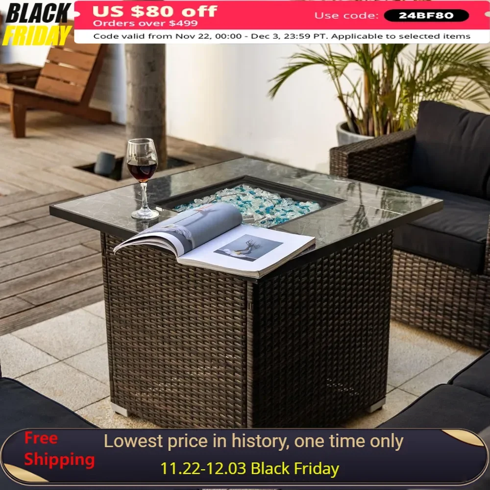 30 in Fire Pit Table with Lid, Glass Rocks & Rain Cover, Brown Wicker, Outdoor Square Propane Gas Fire Pit