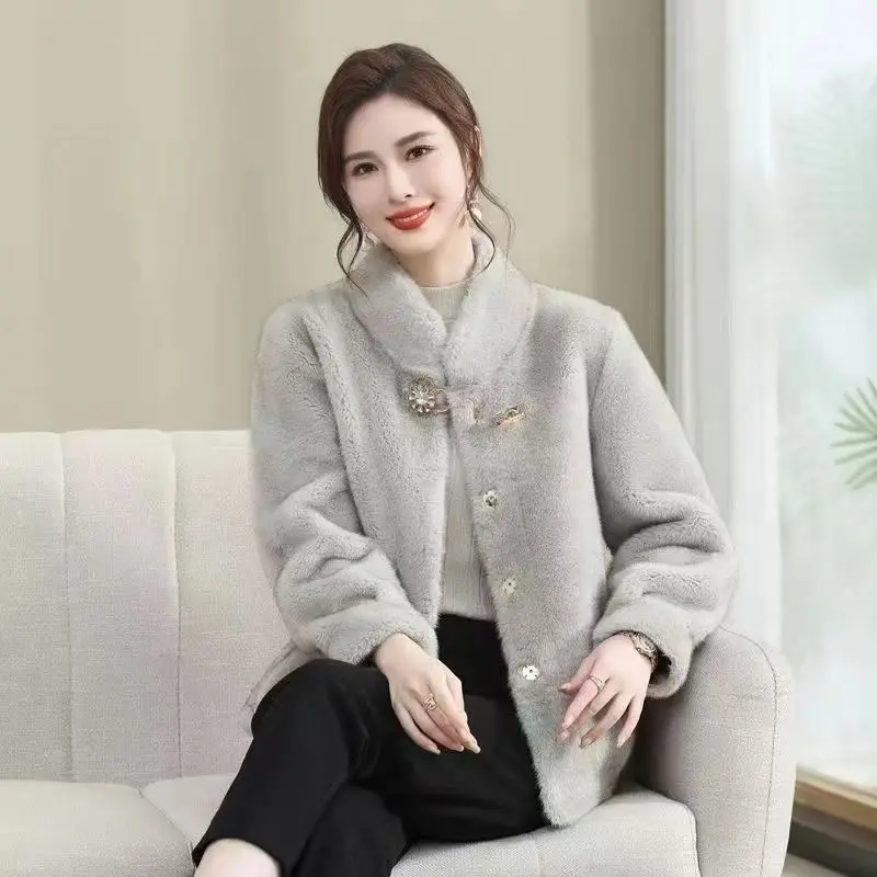 Winter Warm Faux Fur Coat Women Long-Sleeve Diamond Single-Breasted Luxury High-Quality Fluffy Faux Rabbit Fur Jacket Design