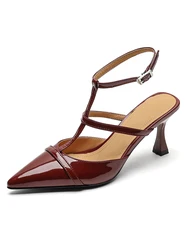 Women Split Leather Pointed Closed Toe Sandals Burgundy Black Apricot Ankle Strap Retro Thin Heels Party Shoes