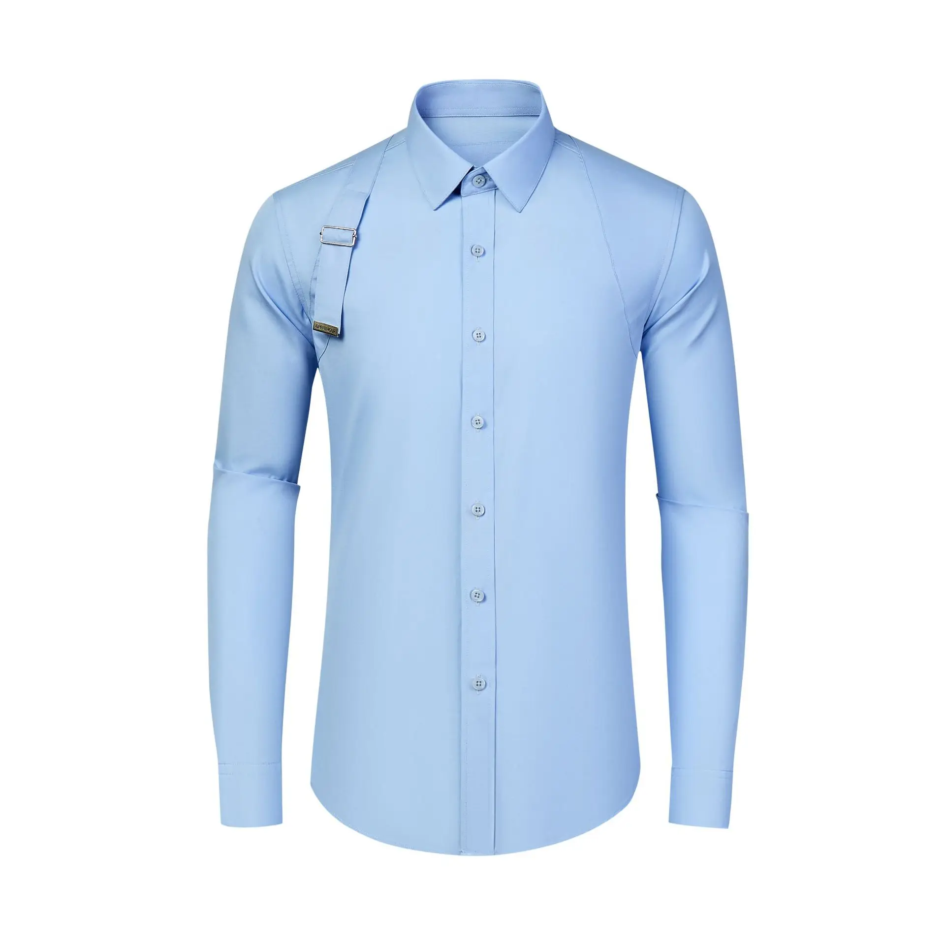 New product shoulder strap buckle color splicing workwear long sleeved men's shirt avant-garde slim fit stylish and cool top