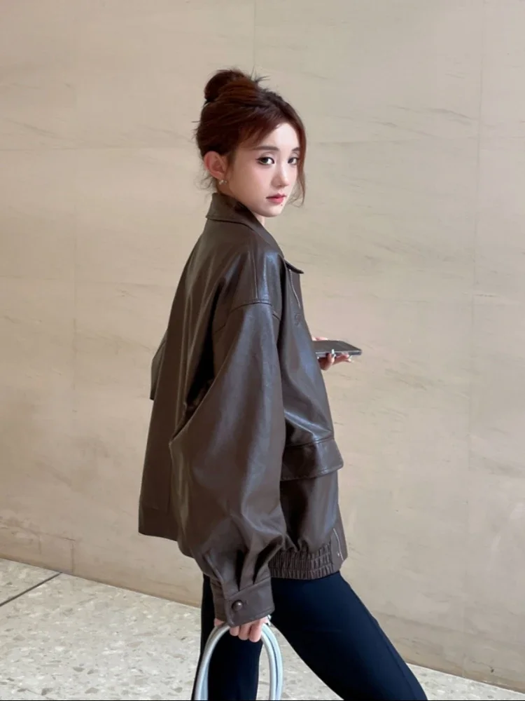 Autumn Jackets for Women Pure Fashion Cool Girls Moto Simple Baggy American Style PU Leather Windbreaker Lapel Outer Chic Zip Up