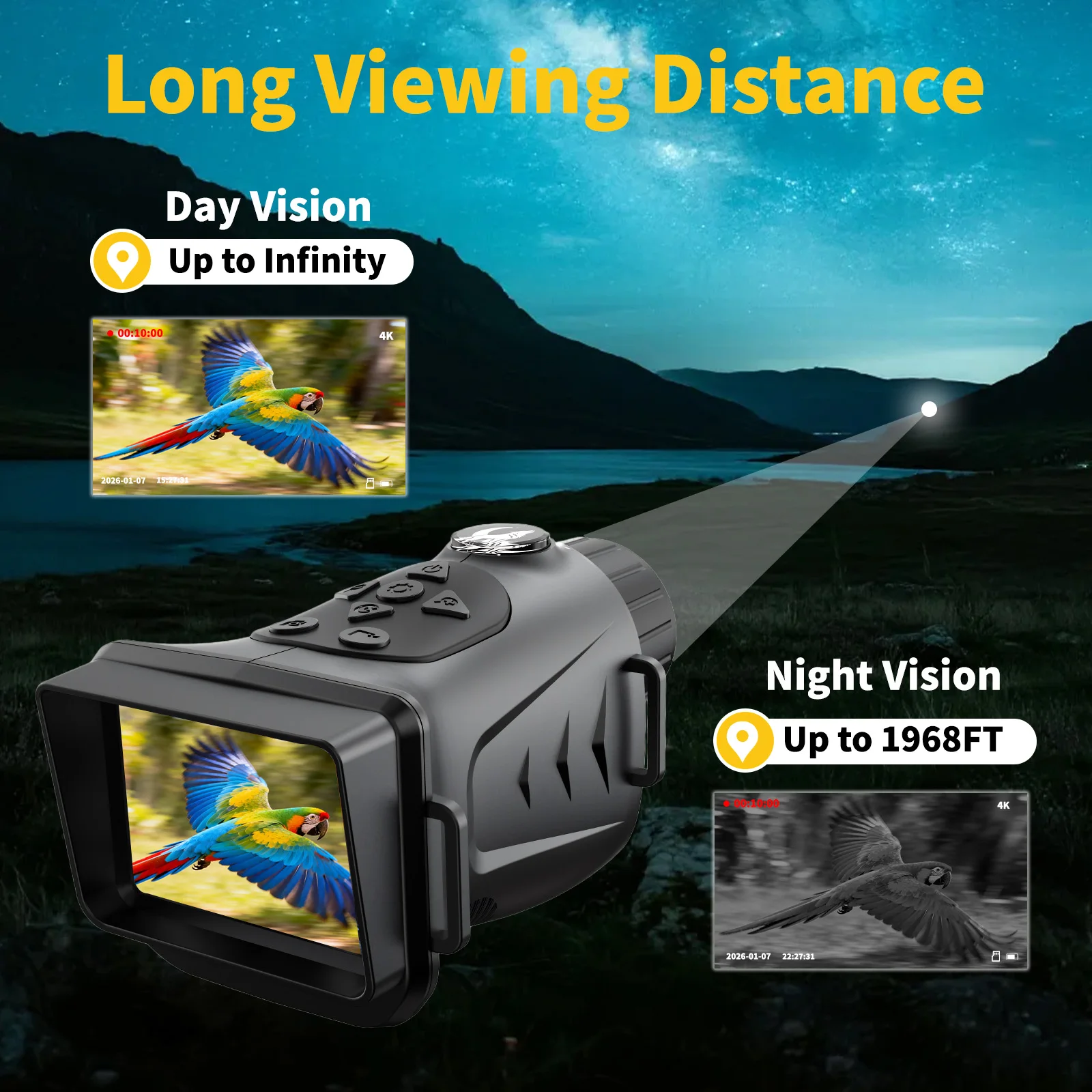 

Ручной телескоп ночного видения, 2,8-дюймовый экран, 18-кратный зум, UHD 66 МП, аккумулятор 3000 мАч, для исследований на открытом воздухе и ночных наблюдений