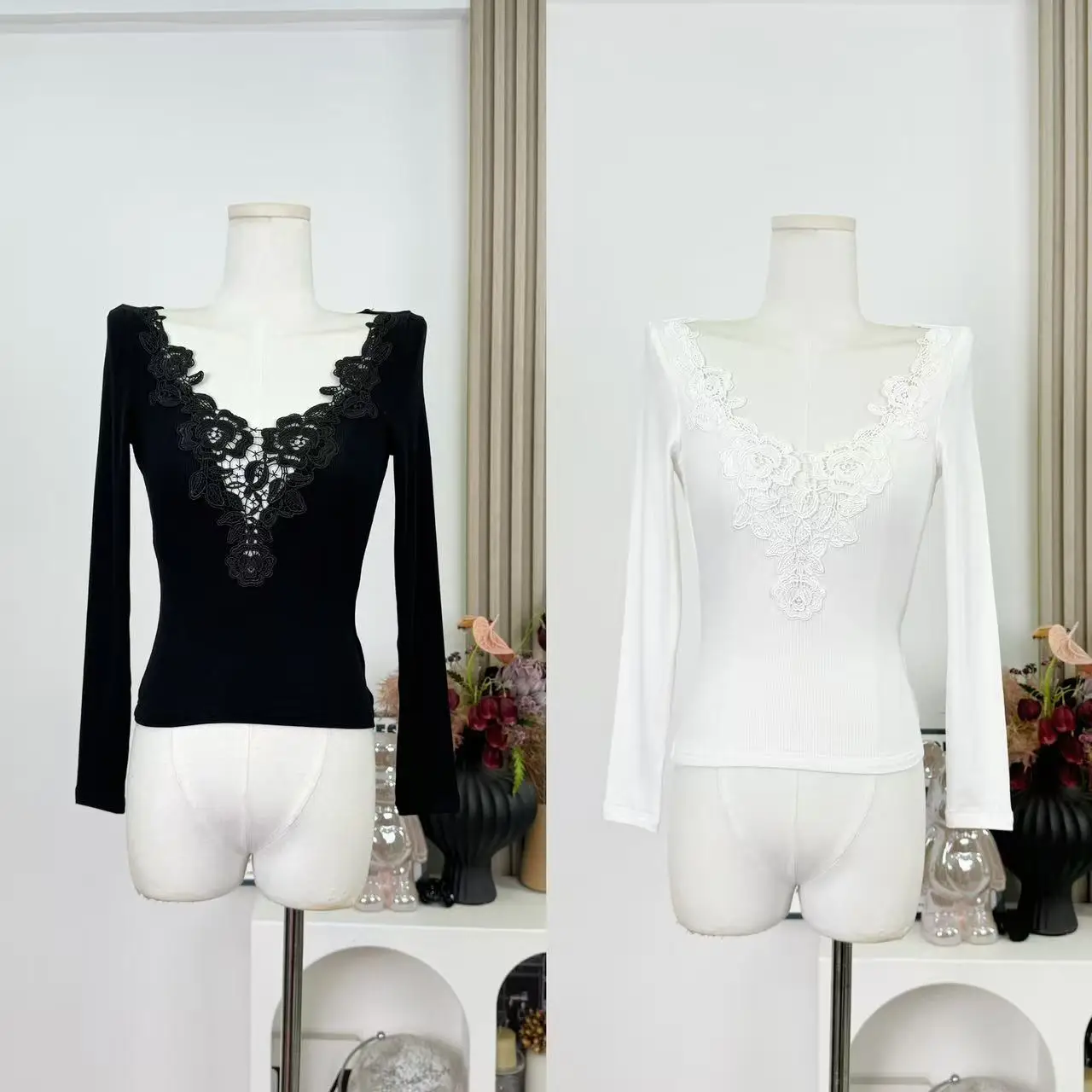 

Женская осенне-зимняя сексуальная кружевная тонкая футболка с v-образным вырезом, женский однотонный элегантный пуловер, базовая футболка