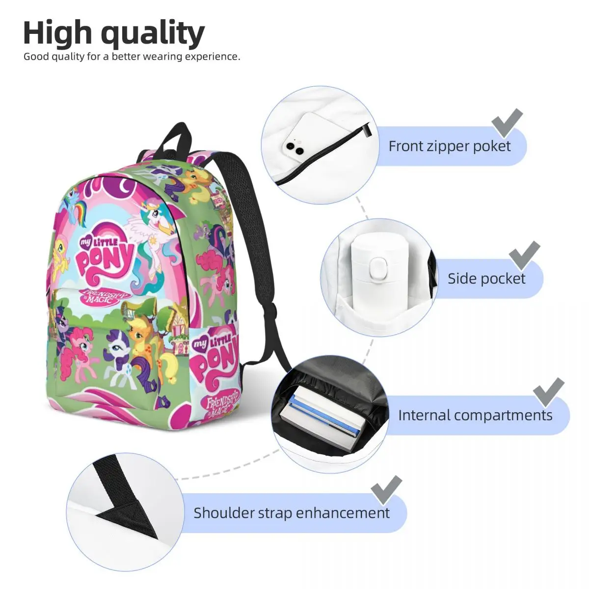 Little Cartoon Ponys Mochila para Homens e Mulheres, Mochila Adolescente Anime, Durável, Ensino Médio, Caminhadas, Viagem, Mochila Amizade, Bolsa de Ombro Laptop