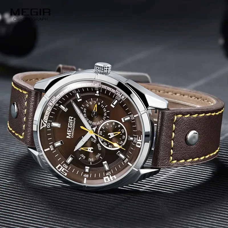 MEGIR Men's Waterproof Quartz Watches Luminous Calendar Week 24 Hours Casual Analogue Wristwatch for Man Brown 2072GBN-10