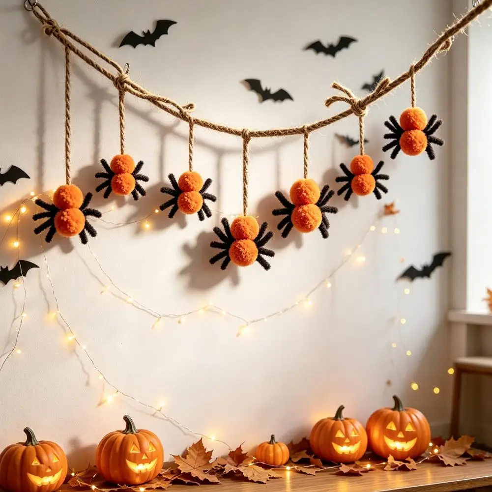 Halloween Spider Garland Decoration Plush Spider Hanging Decor 78 Inch Halloween Spider Banner Black Orange Plush Pom for Party