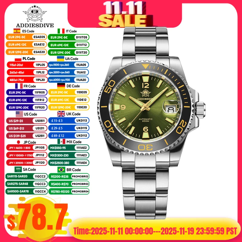 

ADDIESDIVE Men‘s Watch AD2505 200M Waterproof BGW9 Super Luminous Sapphire Glass 8215 Movement Automatic Mechanical Watches