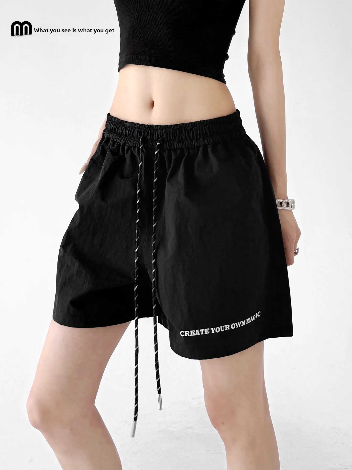 

American Sports Shorts Women's Summer New Black High Waist Slimming Outdoor Casual Pants Women's Wide Leg Pants