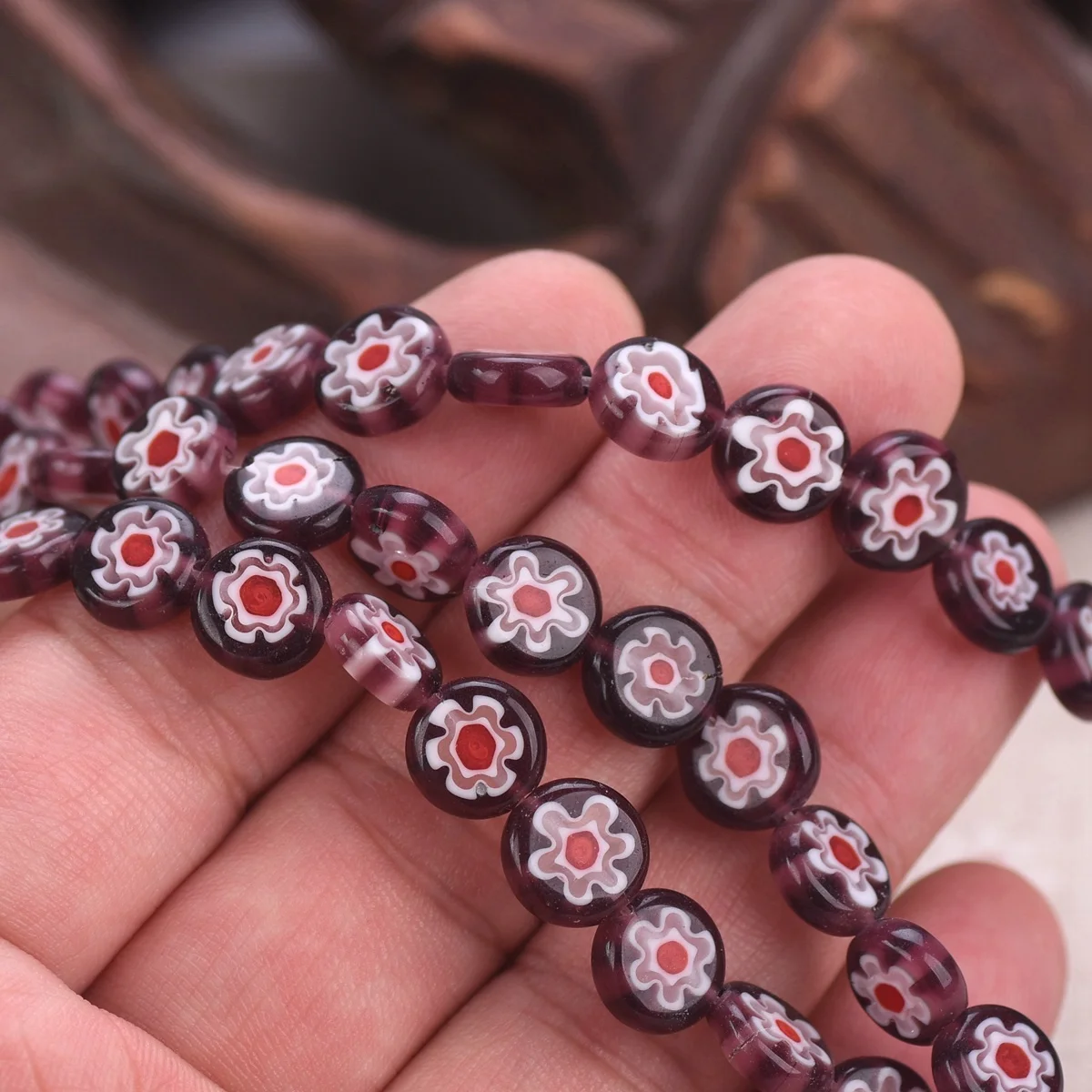 35pcs(1 Strand) Flat Round 10mm Purple Flower Handmade Millefiori Glass Loose Beads Lot For Jewelry Making DIY Craft Findings