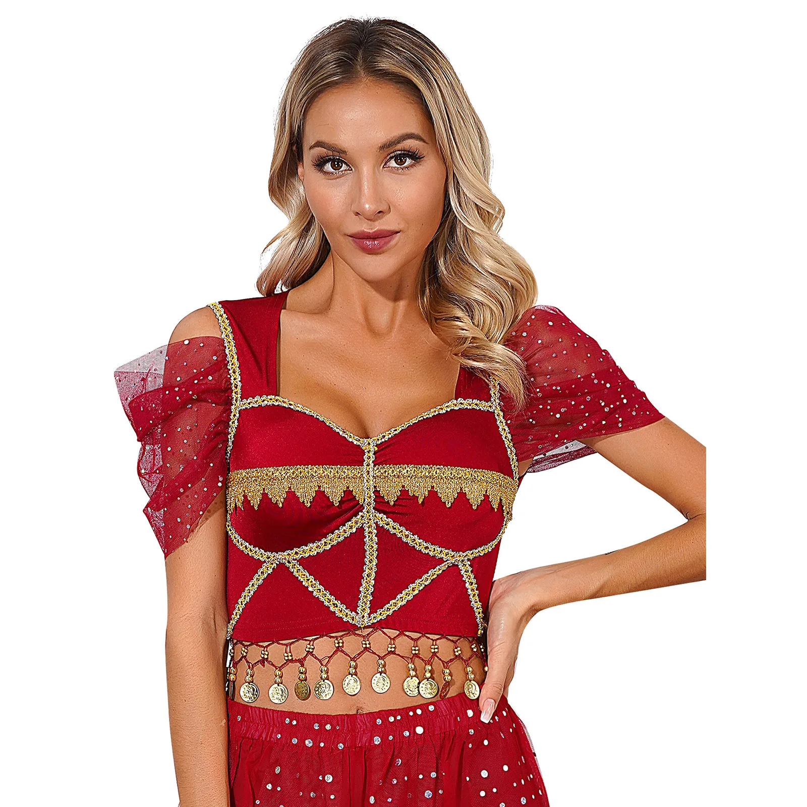 

Womens Belly Dance Crop Top Mesh Sleeve Cutout Back Built-in Chest Pads Dancing Top Halloween Bollywood Carnivals Costume