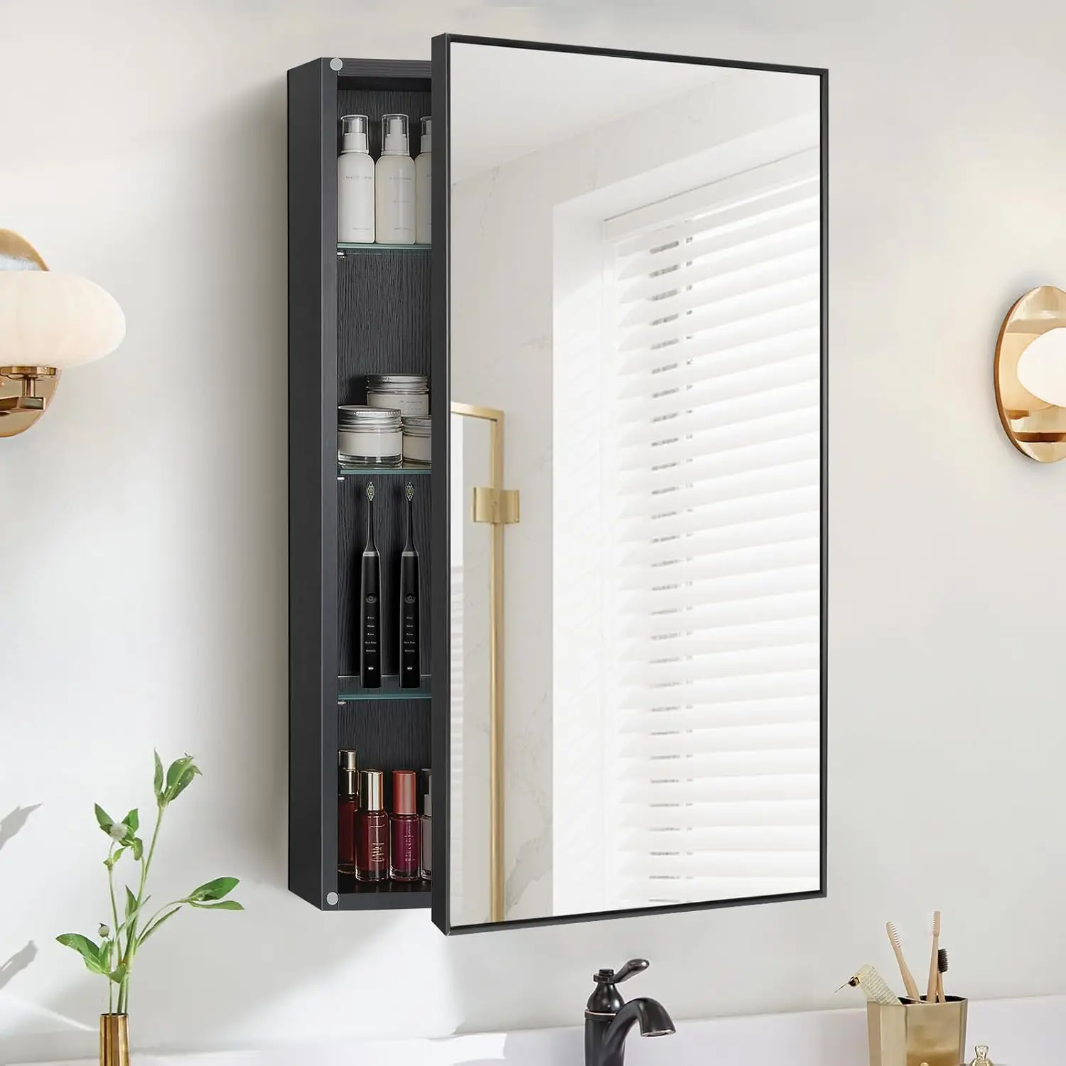 

20x30 Black Wall Mounted Medicine Cabinet with Mirror Storage Adjustable Tempered Glass Shelves Bathroom, Customized