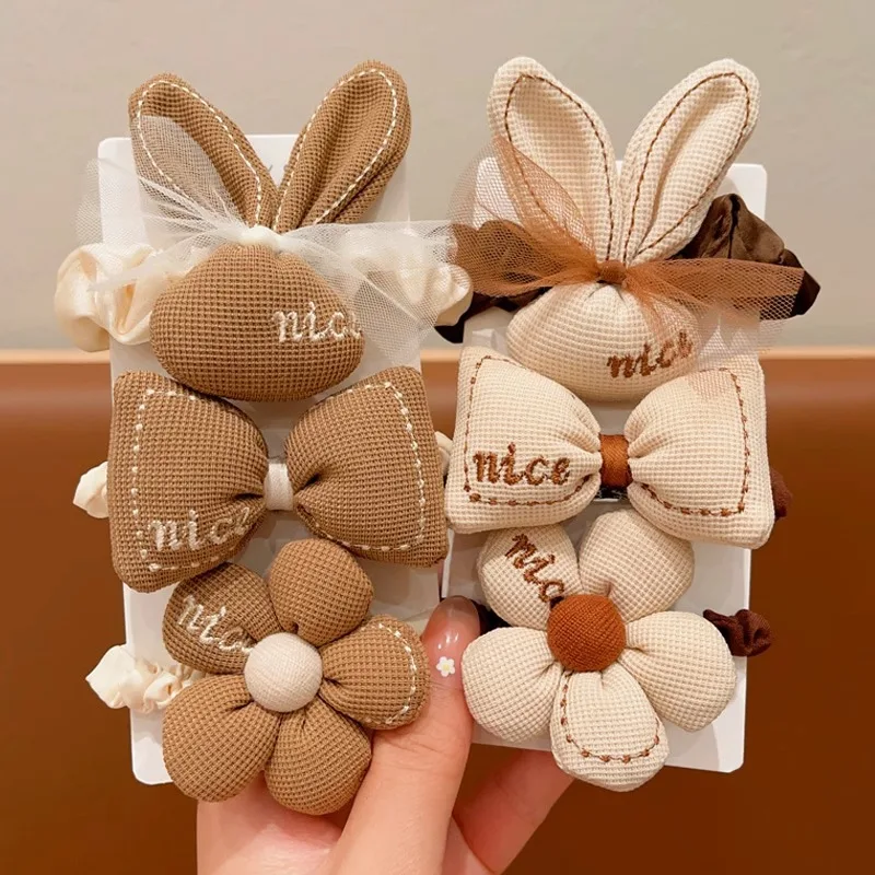 3pc Korean Cartoon Chocolate Elastic Hair Bands Bear Rabbit Hair Ties Rope Girls Gum Smile Flower Scrunchies Kid Ponytail Holder