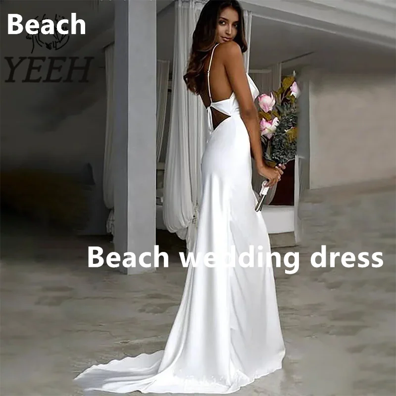 Beach Wedding Dresses Elegant Boho Cowl Neck Draped Bridal Gown Cut Out Back Plain Satin Sweep Train Vestido De Noiva for Bride