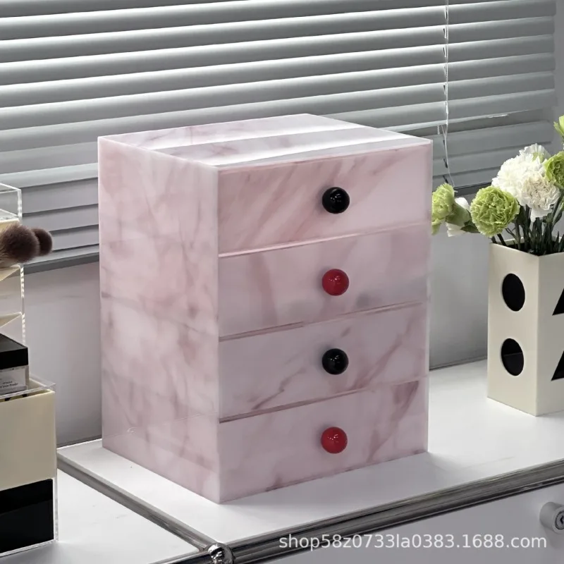 صندوق تخزين مستحضرات التجميل، أكريليك رخامي عالي الجودة، مقاوم للغبار على سطح المكتب، خزانة تخزين بأدراج