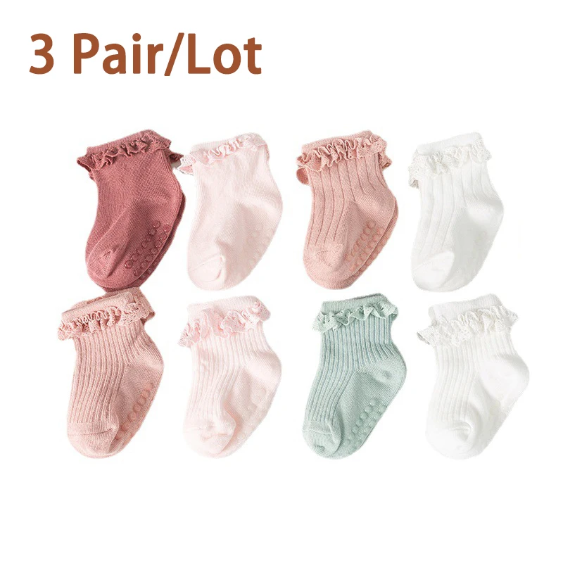 3Pair/Lot New Baby Children's Non-slip Autumn Winter Cotton Socks Solid Color Baby Foot Socks Girls Breathable Ruffled Socks