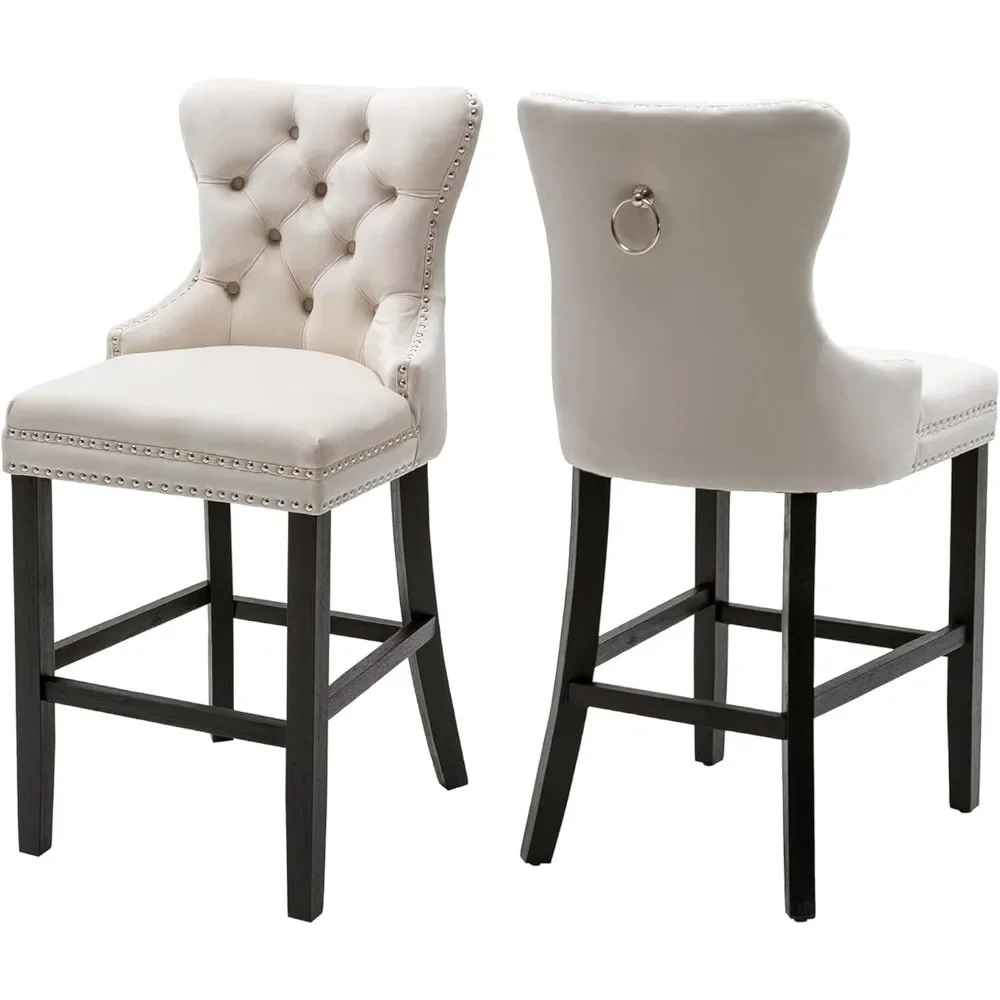 Bar Stools Set of 2, 26 Counter Height Stools with Button Tufted Back, Rivet Trim Bar Chairs for Kitchen Island, Bar Stools