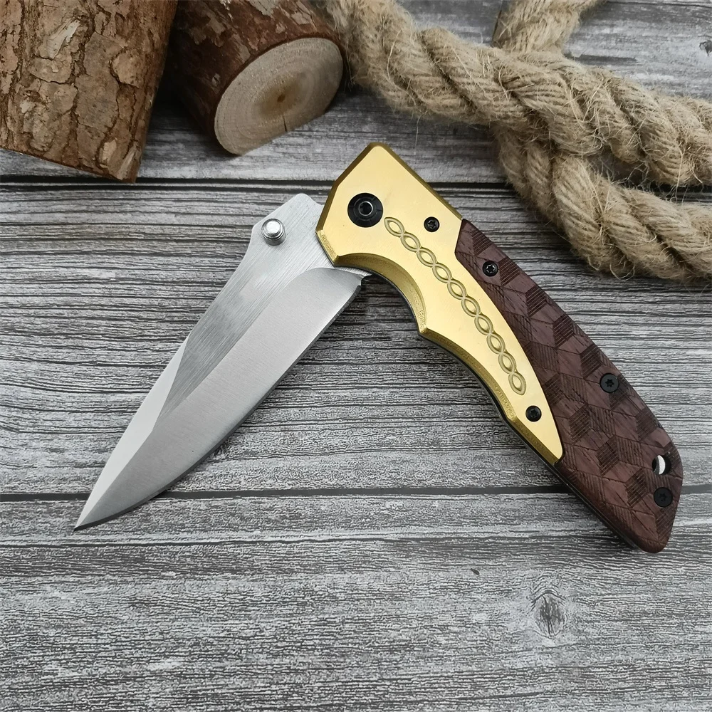 Outdoor DA77 Bearing Flipper Folding Pocket Knife 5Cr13Mov Blade Brass+wood Handle Tactical Knives Hunting Camping EDC Tools