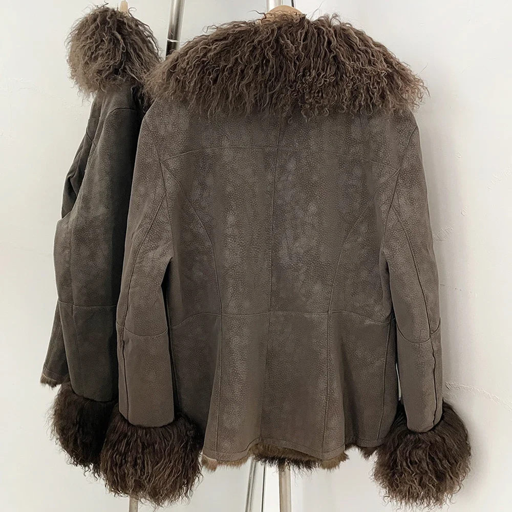 OFTBUY New Winter Warm Curly Mongolia Sheep Fur Jacket Women Vintage Shearling Coat Slim Faux Suede Real Rabbit Fur Clothing