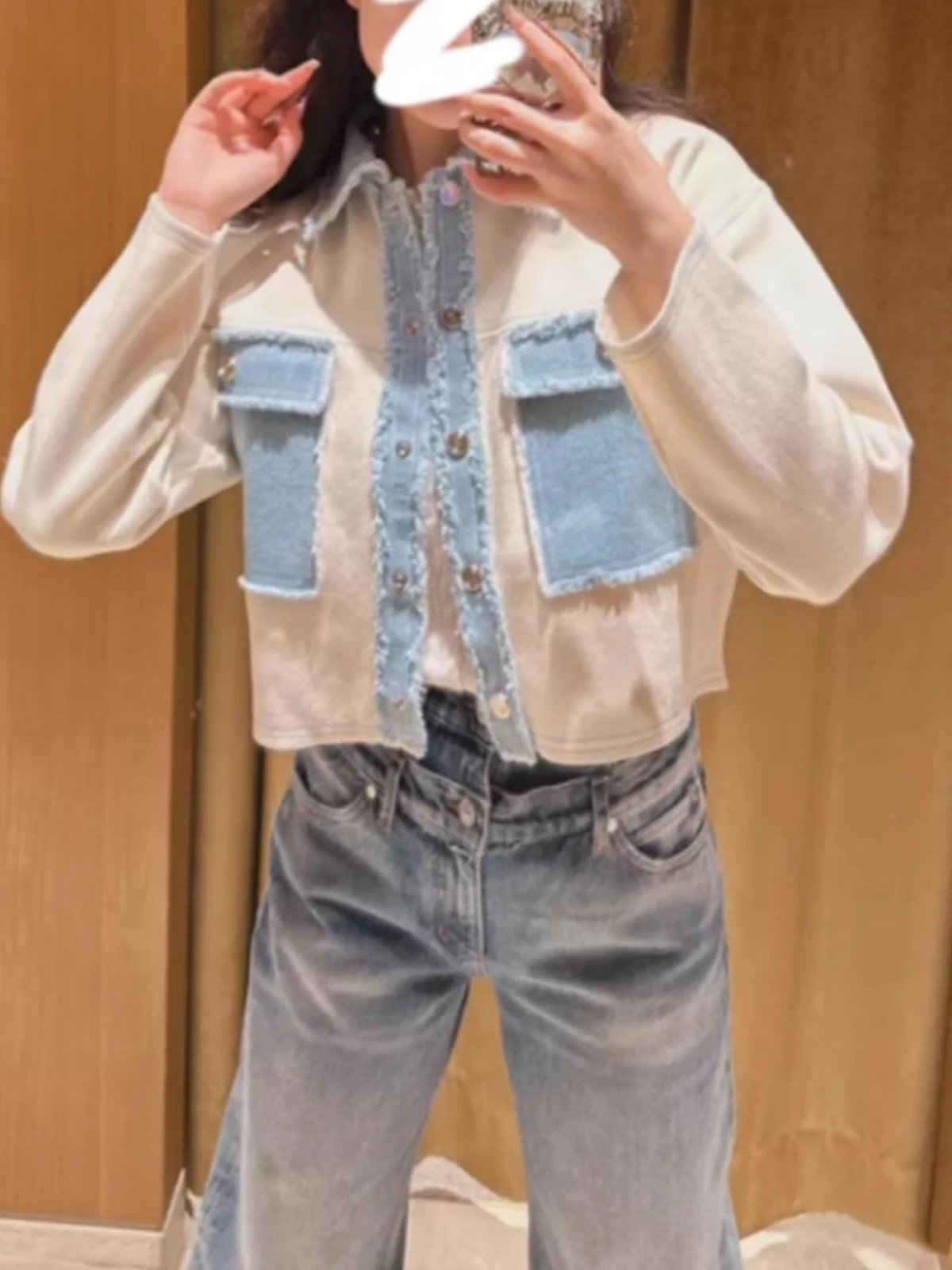 

Quali S Home 2024 Autumn Color Blo Collar Knitted Denim ort Coat Women's Open Cardigan Wool Blend Long Sve irt Sle