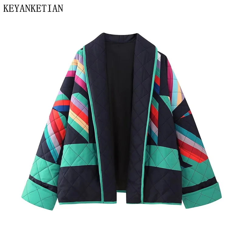 

KEYANKETIAN Autumn/Winter New Women's Geometric Contrast Color Patchwork Cotton-Padded Jacket Vintage Loose Quilting Outerwear