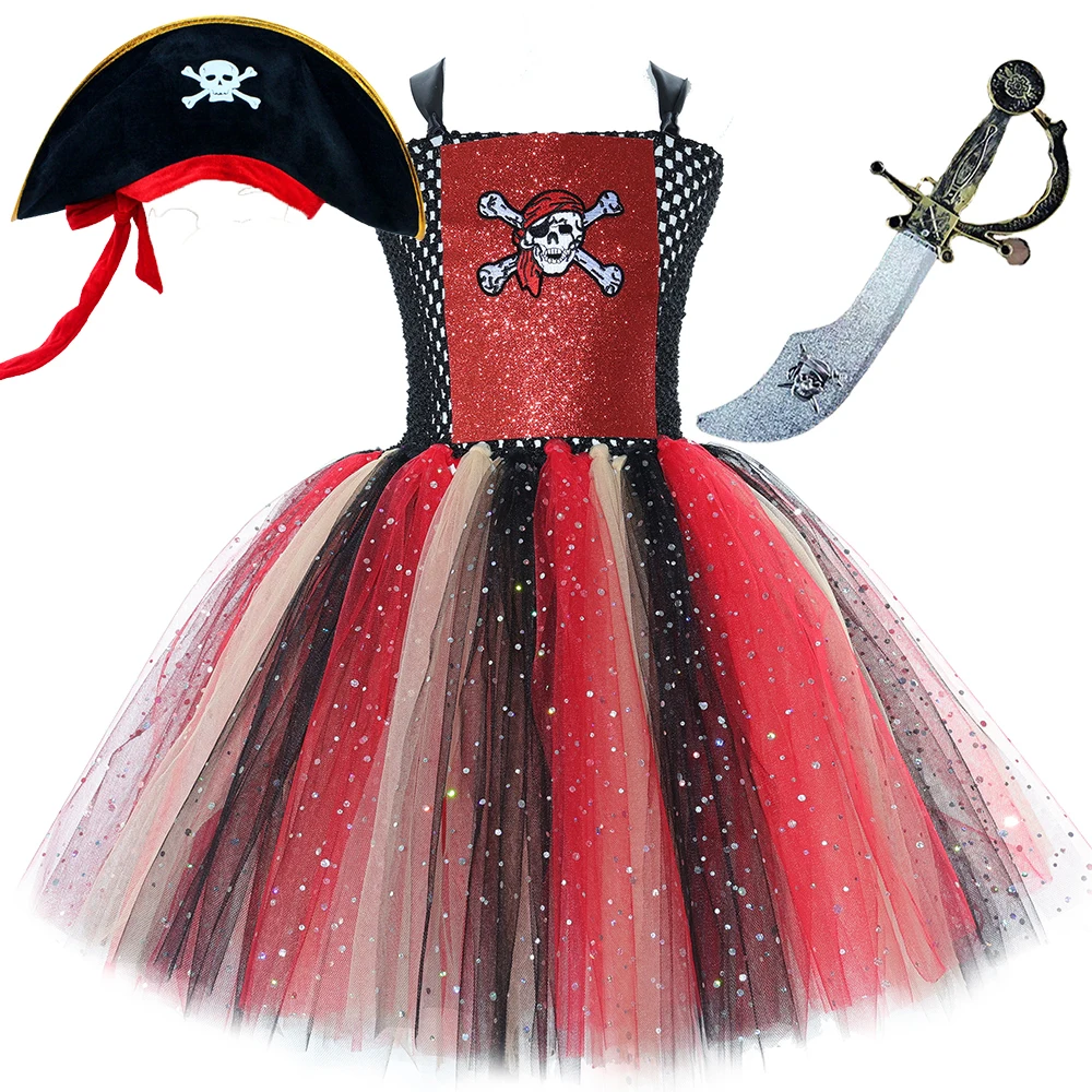 Costumi scintillanti da capitano pirata per ragazze Twinkle Halloween Fancy Tutu Dress con cappello Spada Bambini Carnevale Festa Travestimento
